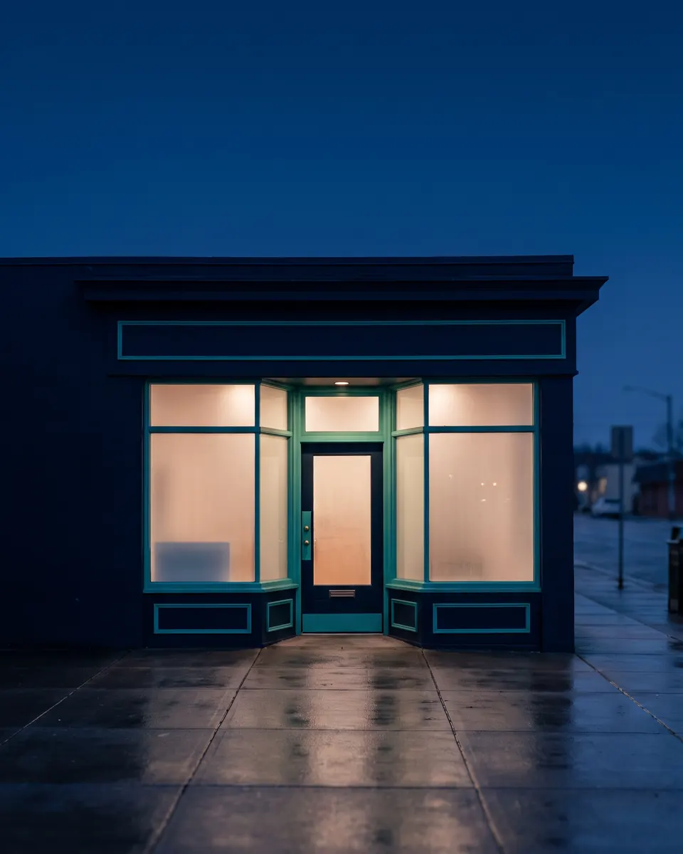 A lit shopfront at dusk with a blank sign above the door